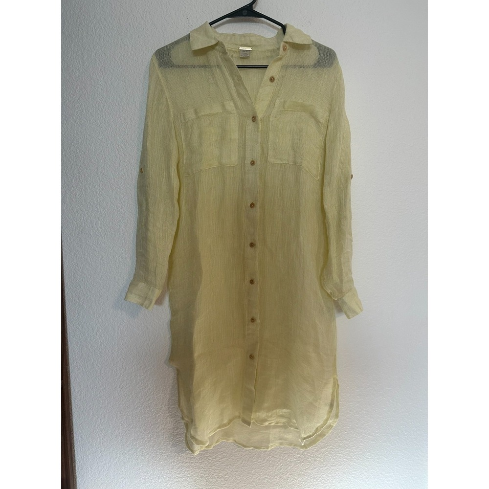 Magaschoni Yellow 100% Linen Open Knit Duster Tunic XS Coastal Beach Resort Boho